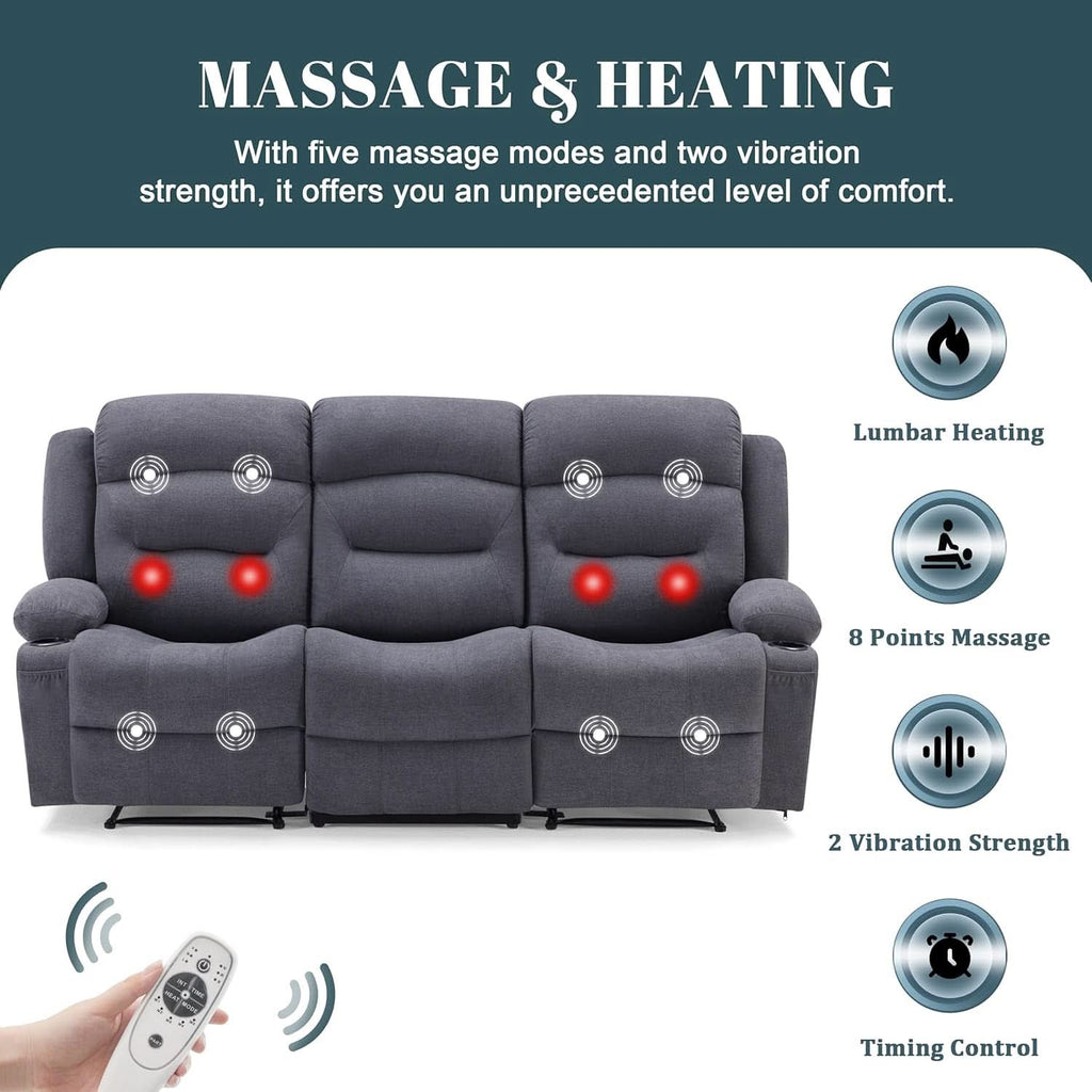 Oversized Charcoal Grey Recliner Sofa With USB Port And Heated Massage