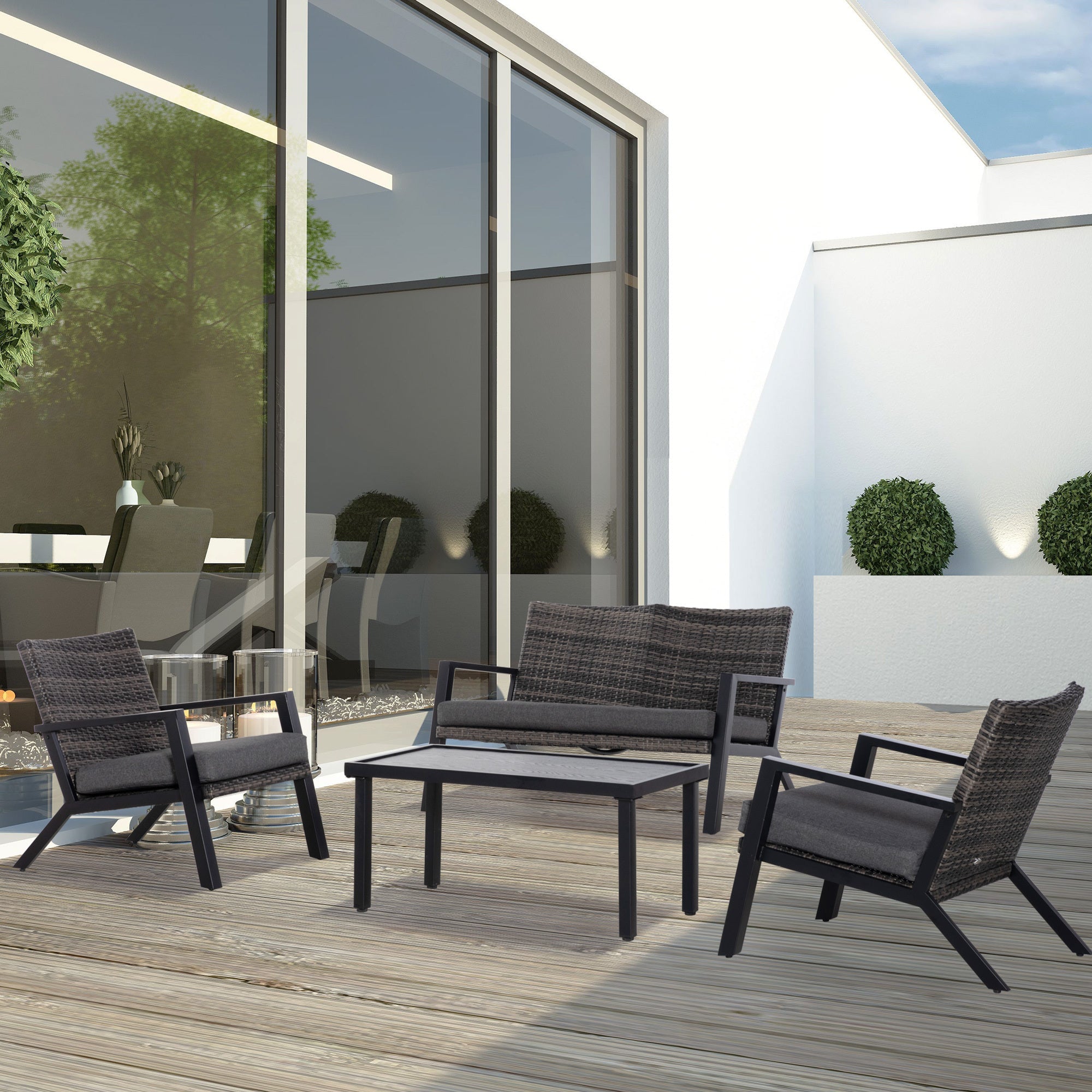 Outdoor Patio Set PE Wicker Black 4 Piece Loveseat Chairs