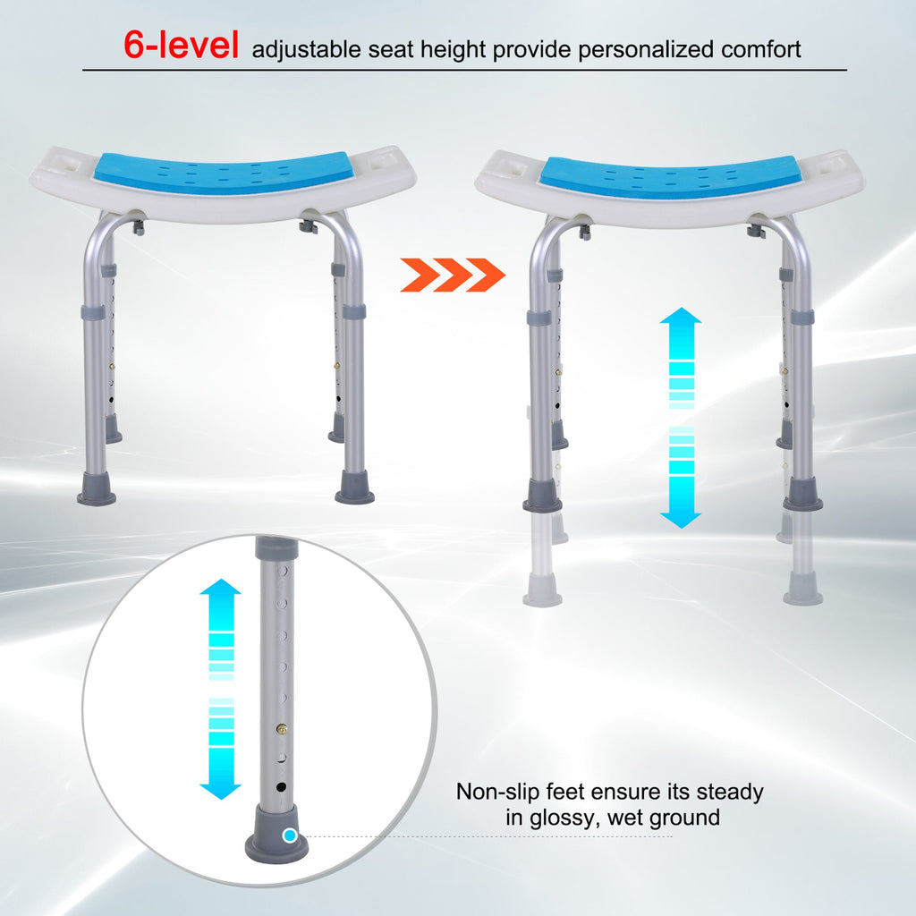 Shower Stool Curved Seat Aluminum Blue 6-Level Adjustable Non-Slip 300 LB