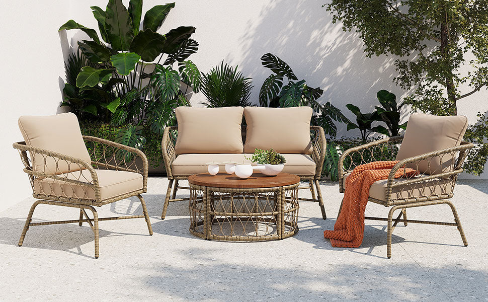 Outdoor Patio Set Wicker Boho Beige Cushion Oval Acacia Table 4 Piece