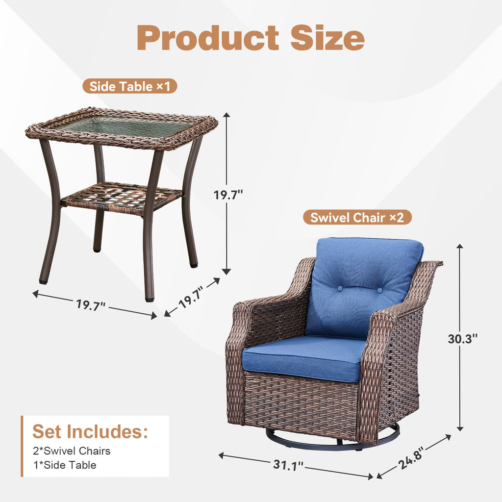 Outdoor Patio Wicker Swivel Rocker 3 Piece Set Blue