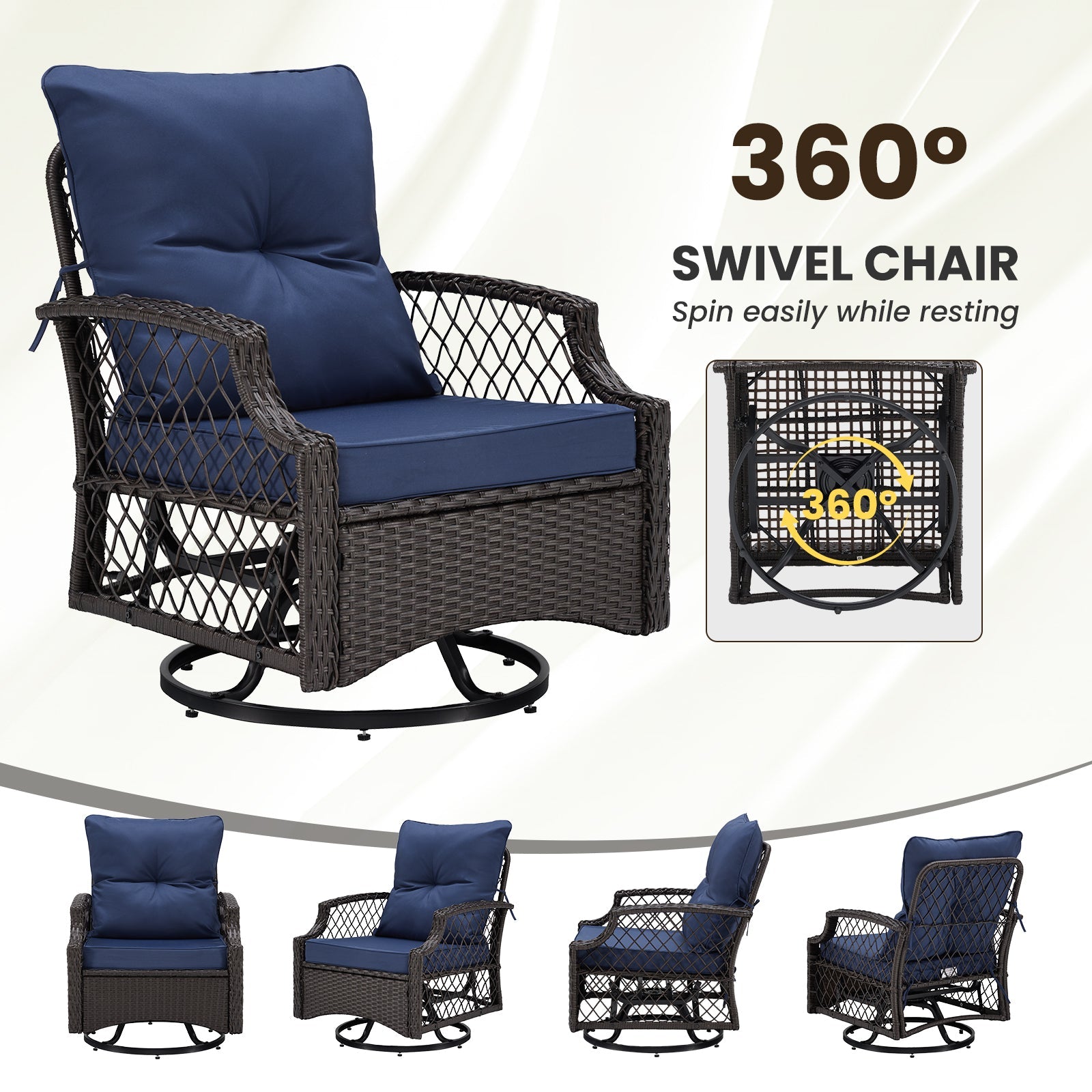 Outdoor Bistro Set Wicker Swivel Glider Navy 3-Piece
