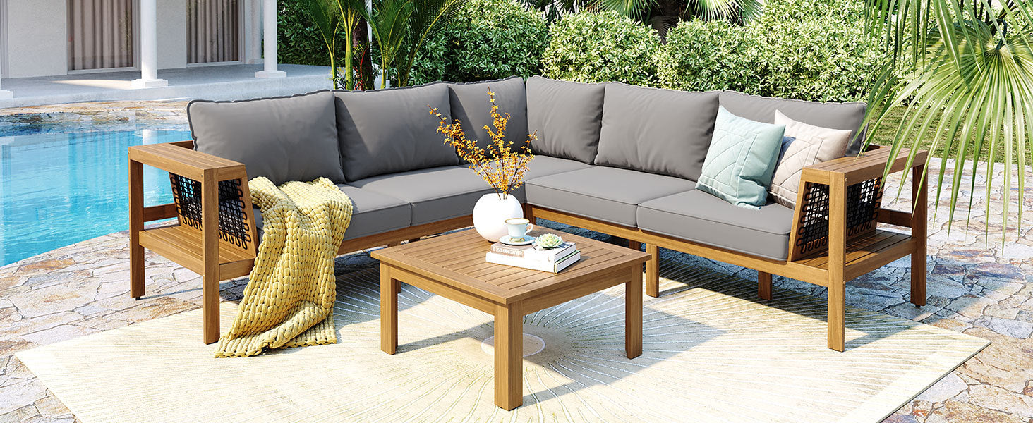 Outdoor Sofa Set Acacia Wood Rope Gray Cushion 4 Piece L-Shape Seats 6