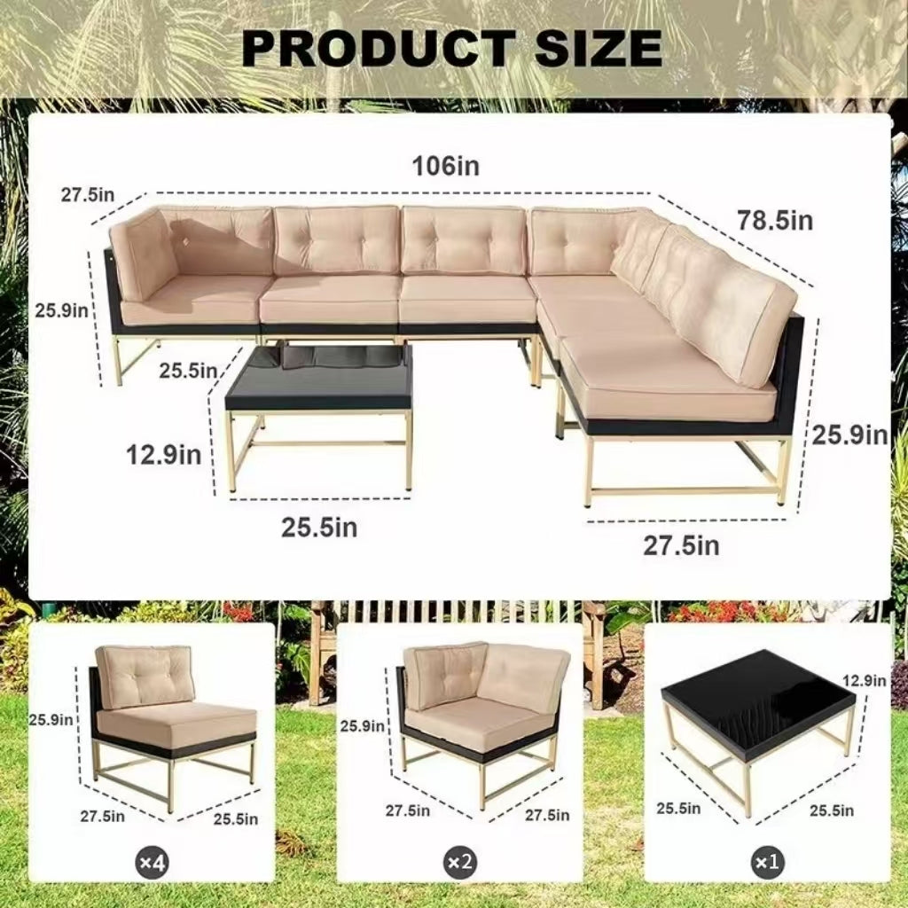 Outdoor Sectional Set Iron Frame Brown Beige 7 Piece Glass Table 106 In