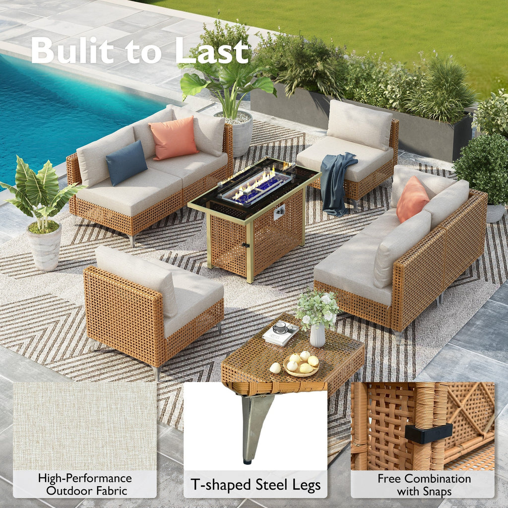 Outdoor Patio Sectional Set Rattan Metal Beige 7 Piece Tempered Glass