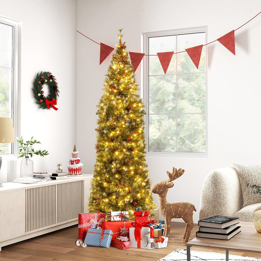 5/6/7/8/9 FT Pre-Lit Artificial Hinged Slim Pencil Christmas Tree