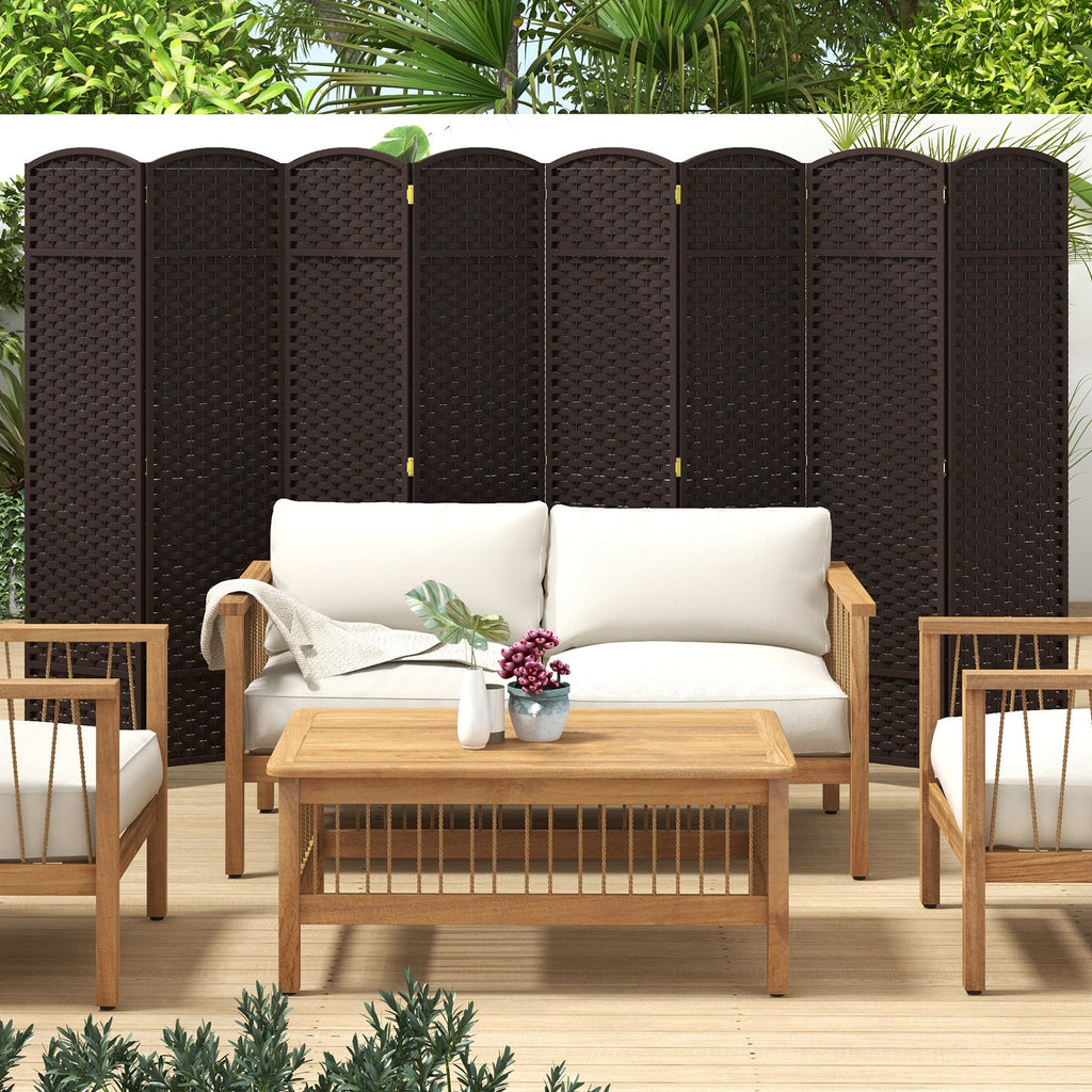 8-Panel Folding Room Divider with Hand-woven Texture and Wood Frame