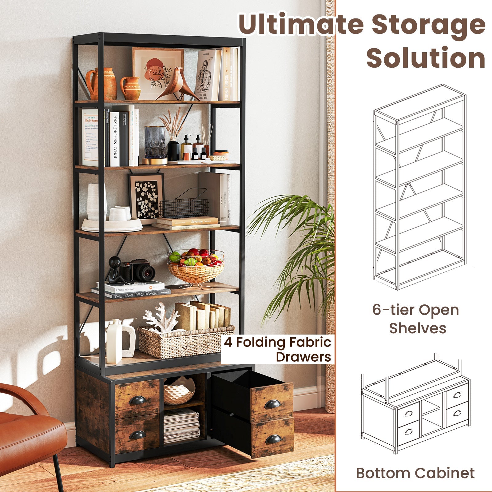 8-tier Bookshelf with 4 Fabric Drawers  and Heavy-duty Metal Frame-Coffee