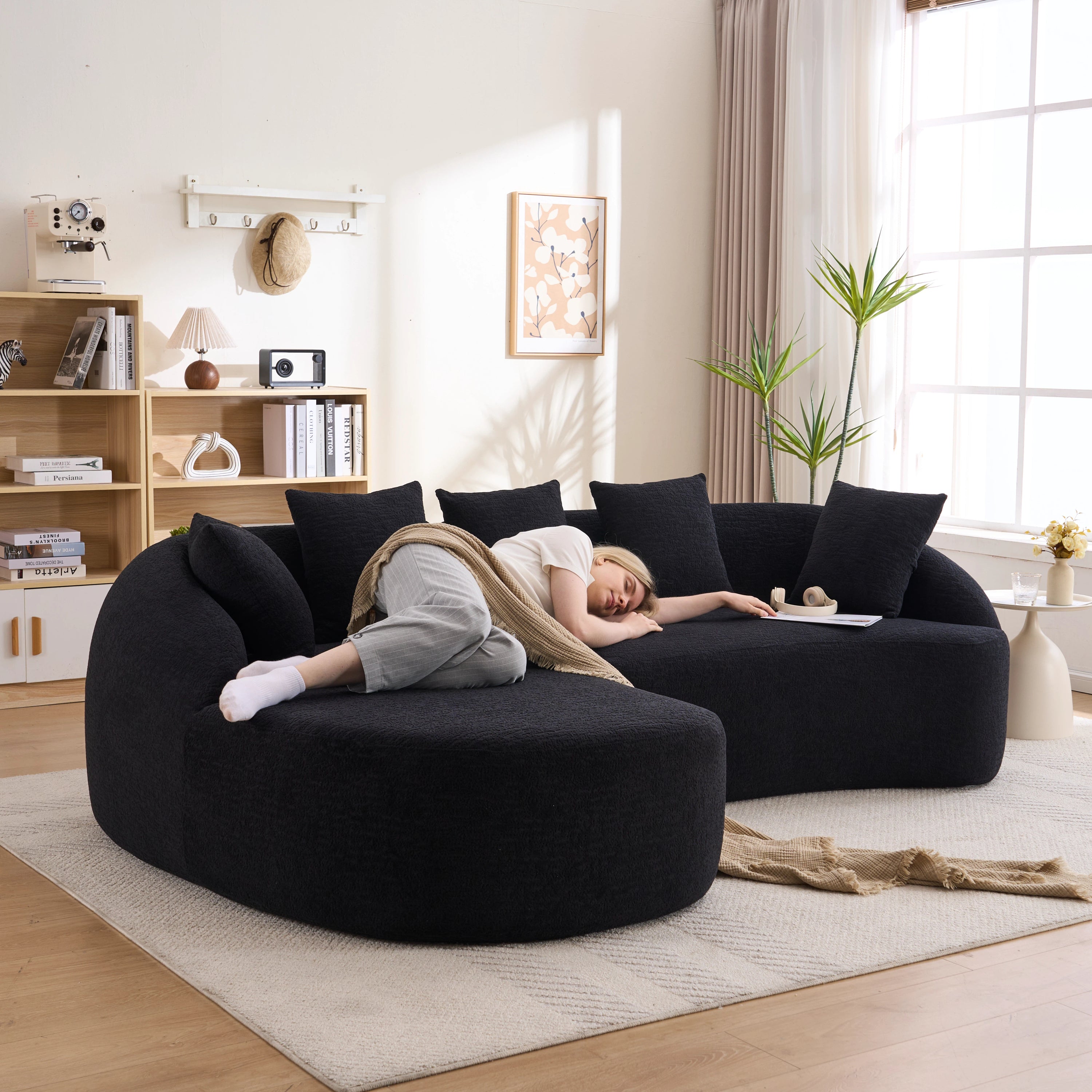 Sectional Sofa L-Shape Curved Chaise Chenille Black 5 Seat 106 In