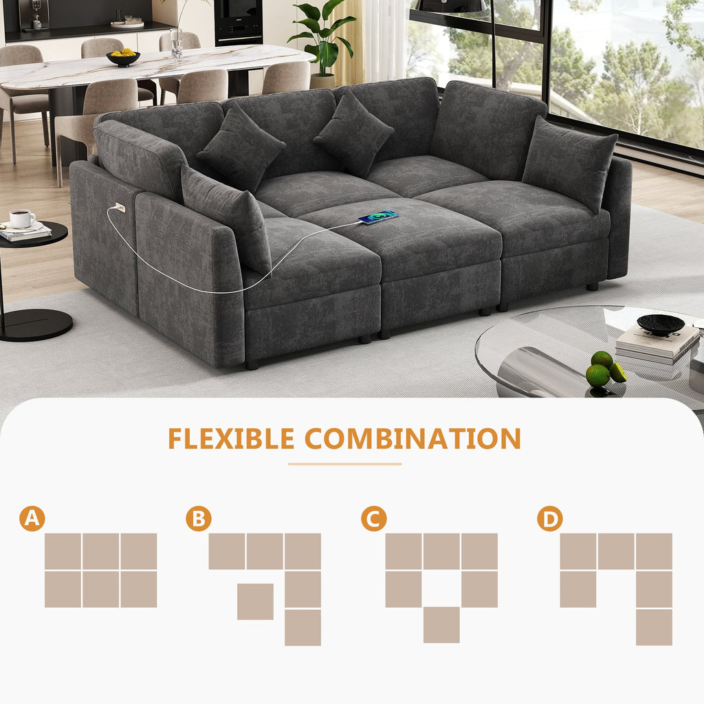 Sectional Sofa U-Shape Modular Chenille Black 5-Seat USB Ports 86.6x61.4 In