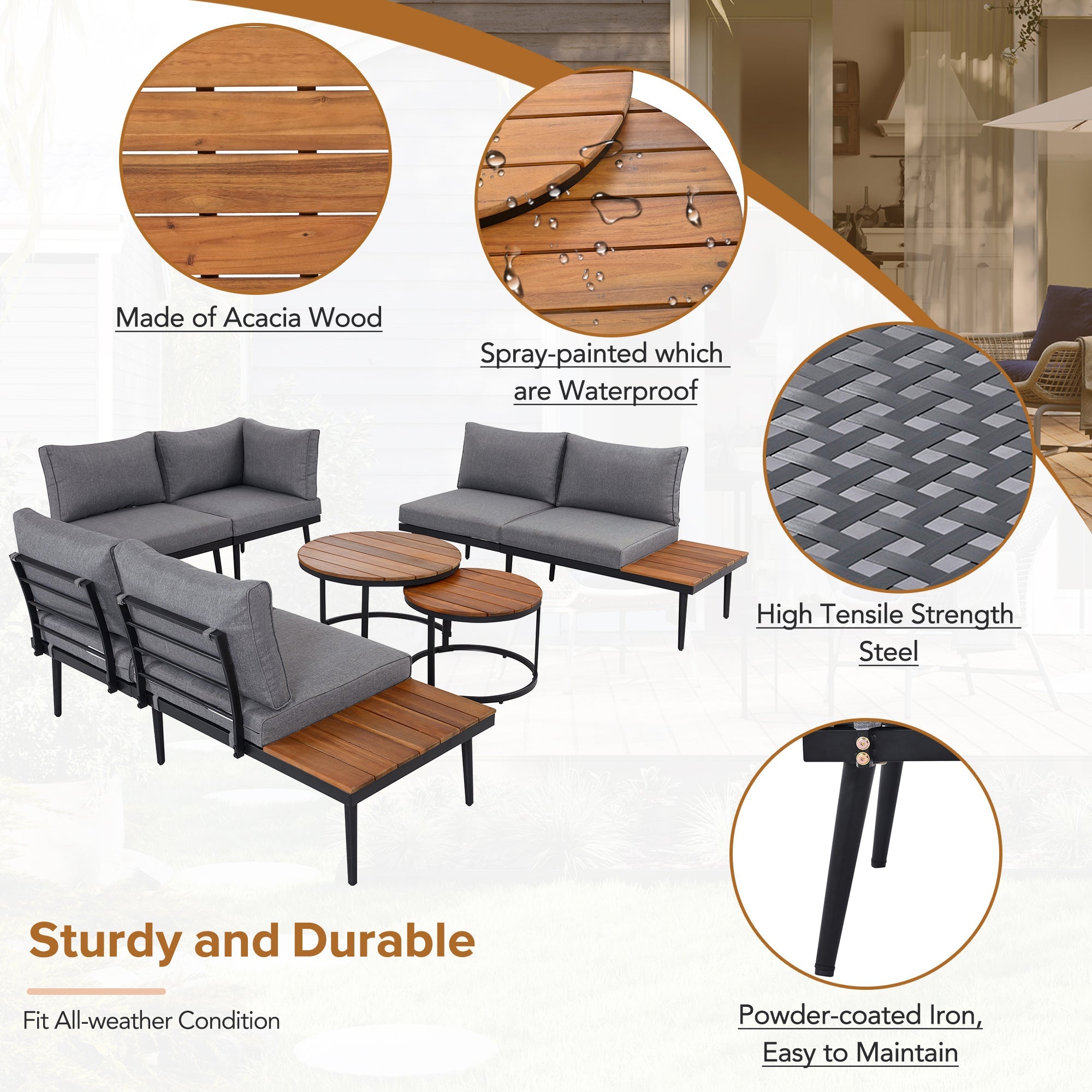Outdoor Sectional Set Acacia Wood Steel Gray with Nesting Tables