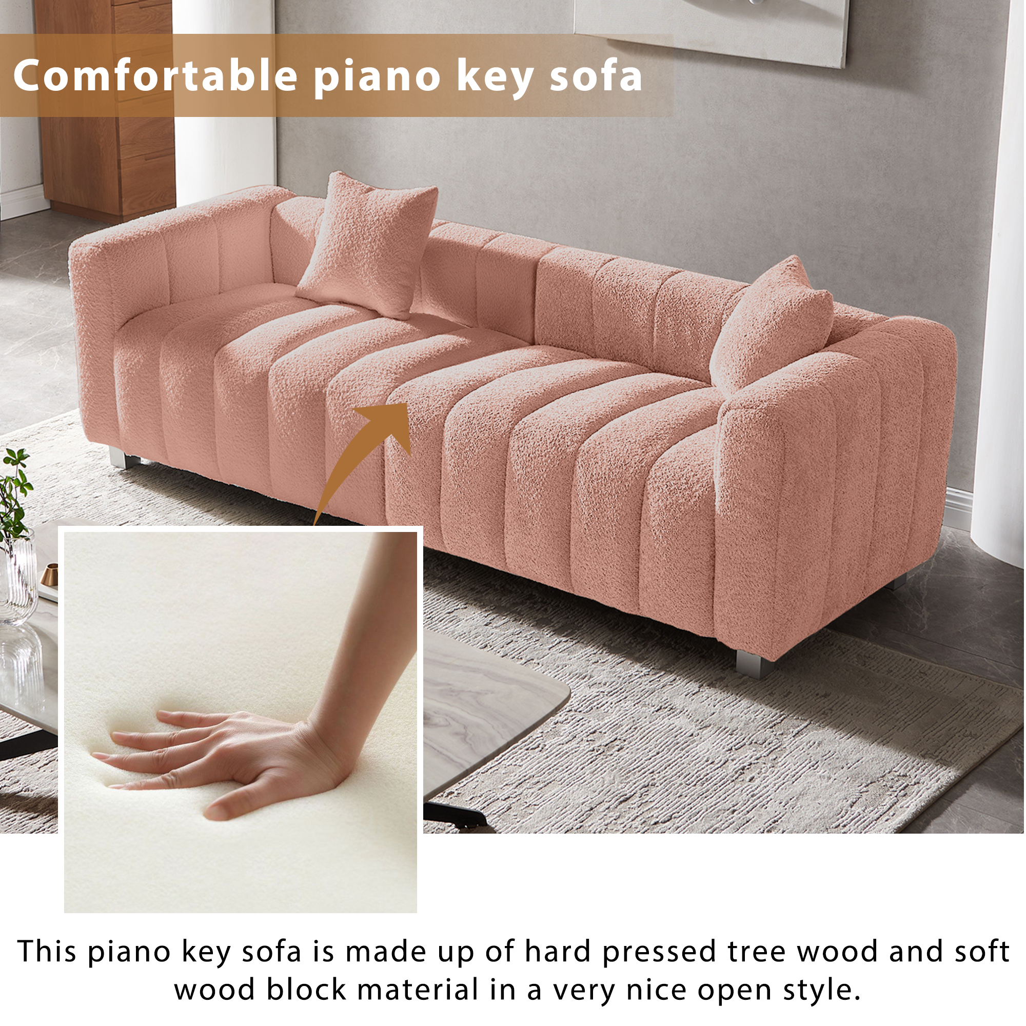 Sofa Modular Velvet Teddy Pink 3 Seat Metal Legs 87 In 750 LB