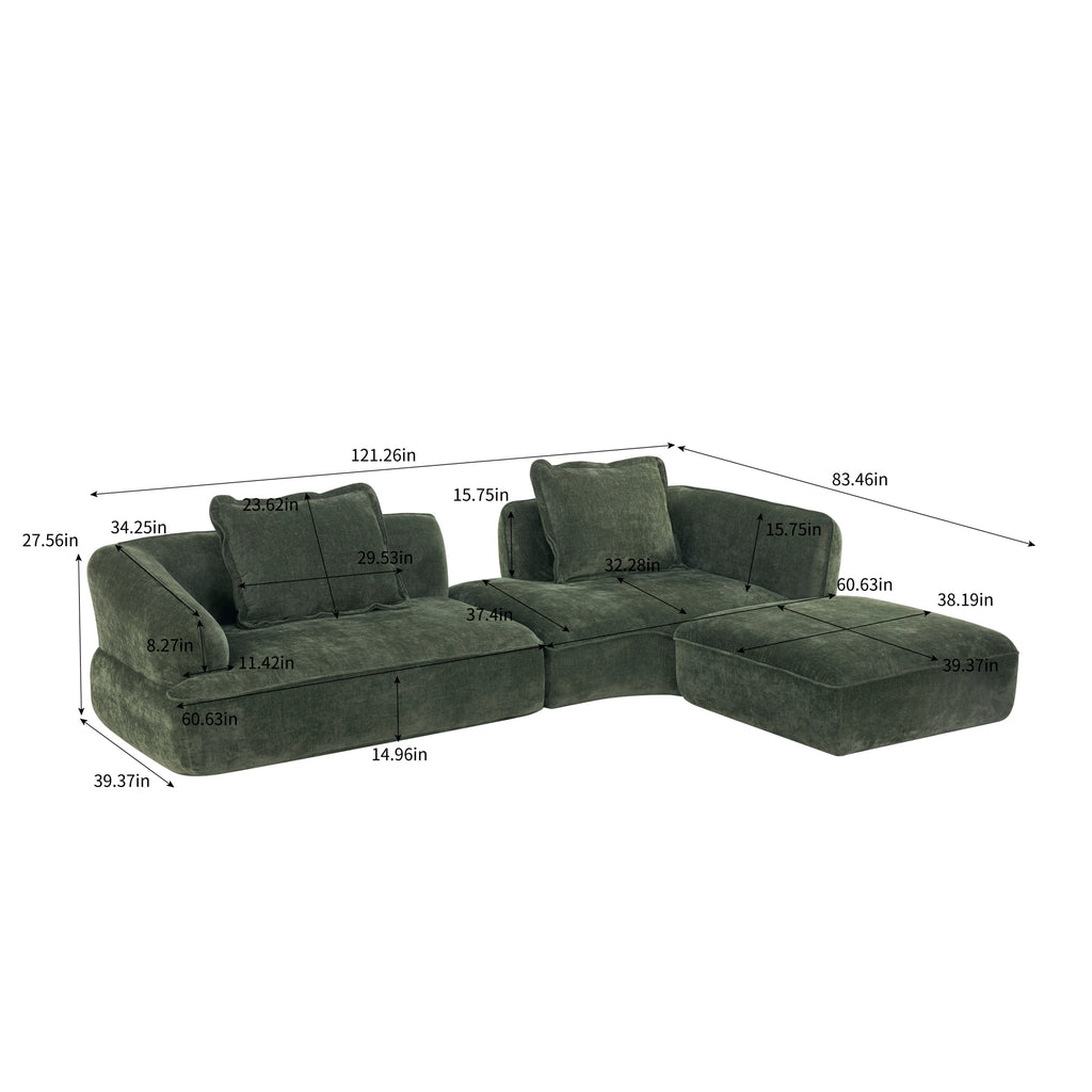 Sectional Sofa L-Shape Deep Seat Polyester Green 4 Seat 121 In