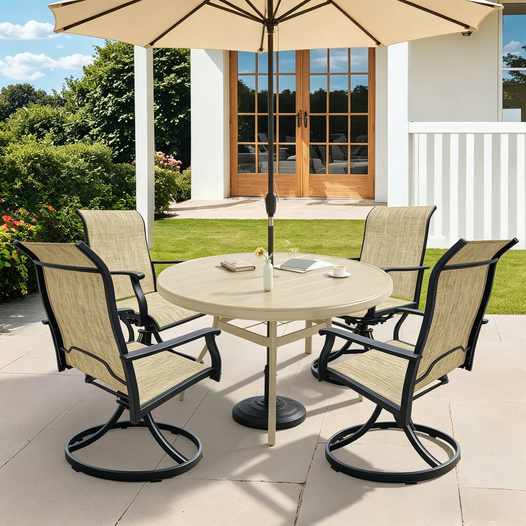 Outdoor Dining Set Round Table Umbrella Hole 4 Swivel Chairs Steel