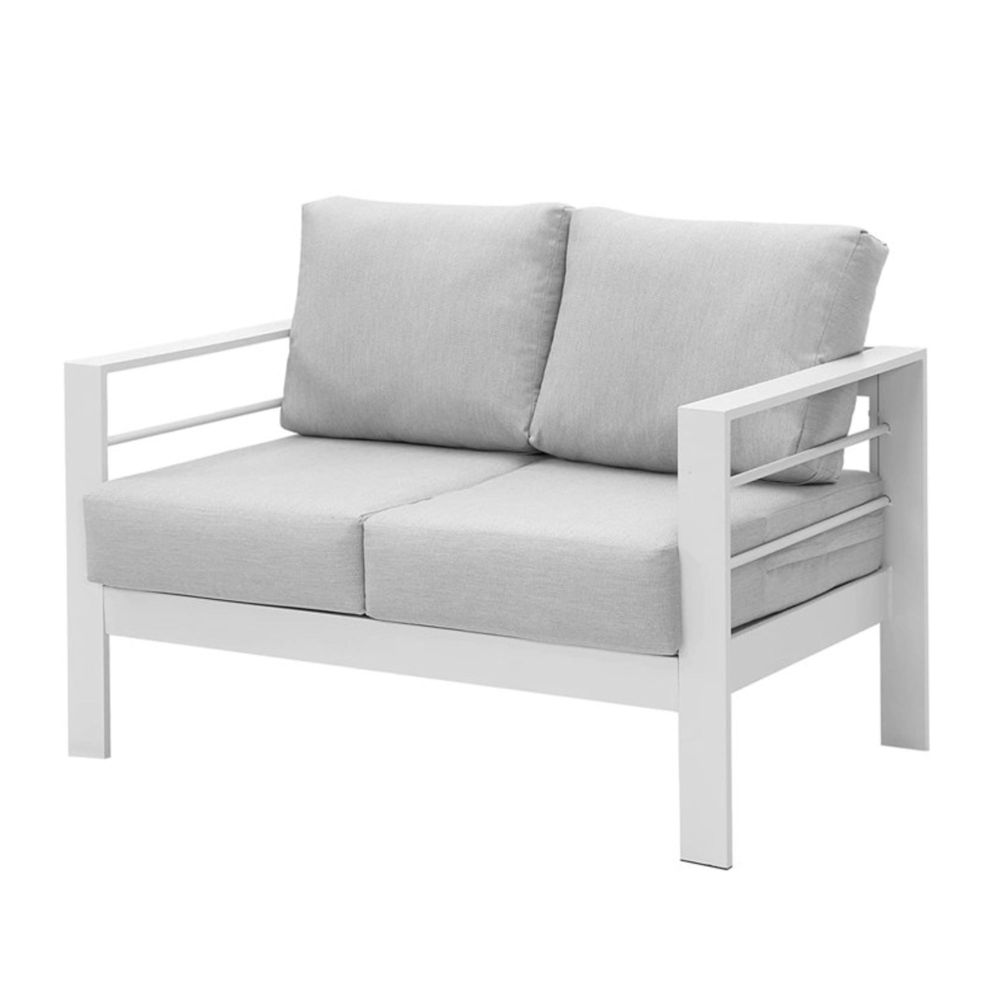 Outdoor Loveseat Aluminum White Gray Cushion 50in 600 lb Capacity
