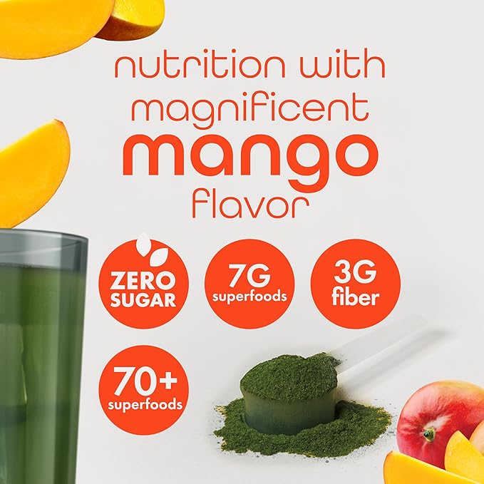Zena Nutrition Organic Super Greens Powder, 70+ Superfoods, 0 Sugar, 3G Fiber, Spirulina, Chlorella, Antioxidants, Prebiotics/Probiotics, Digestive Enzymes, Mango, 30 Servings