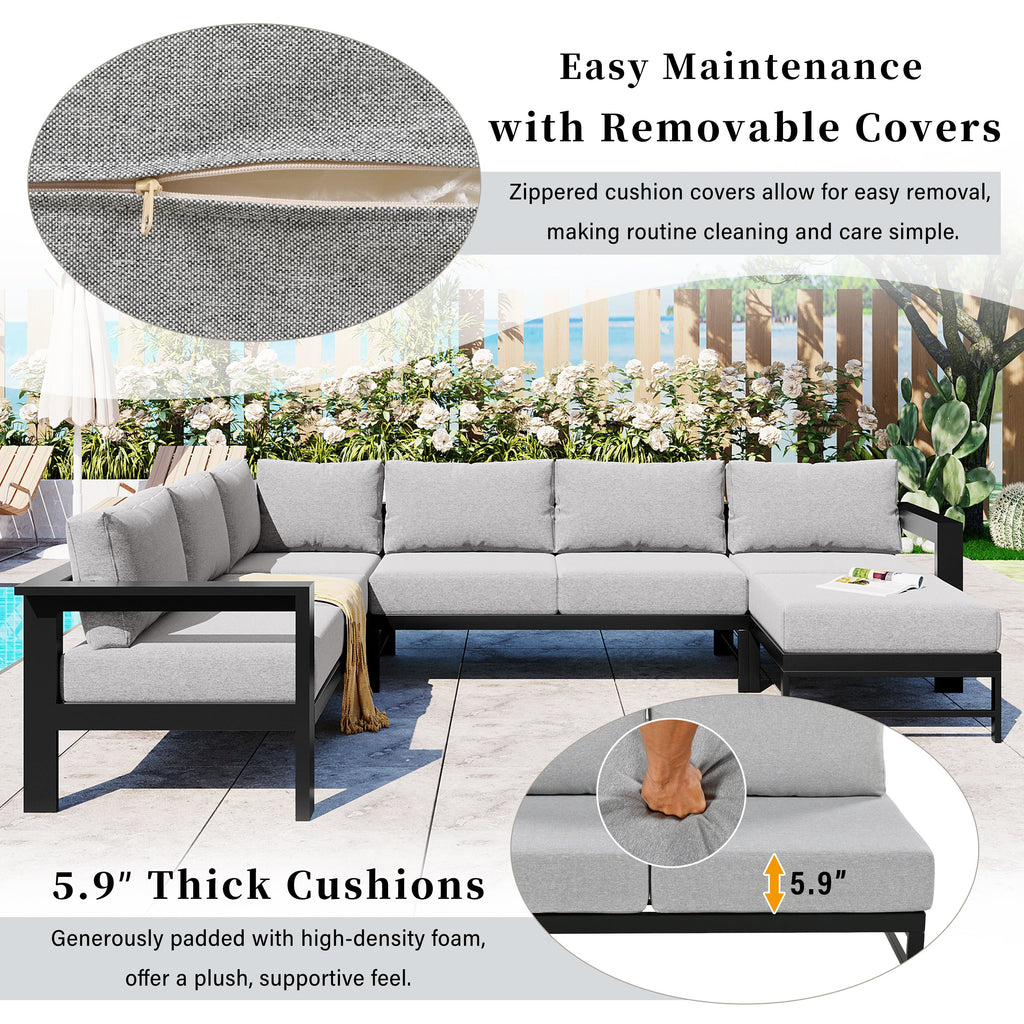 Outdoor Sectional Set Iron Gray U-Shape Seats 5 to 6 5.9 In Cushion