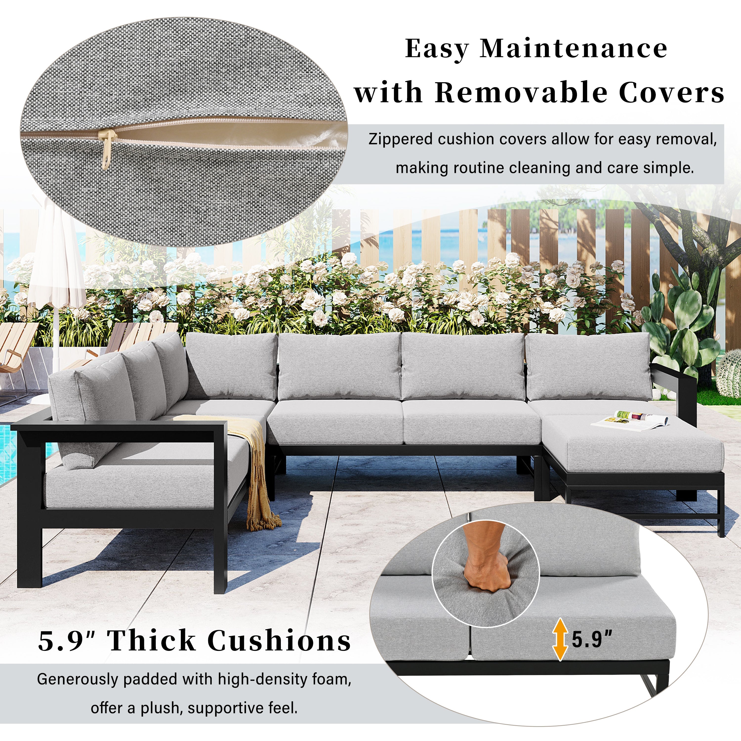 Outdoor Sectional Set Iron Gray U-Shape Seats 5 to 6 5.9 In Cushion