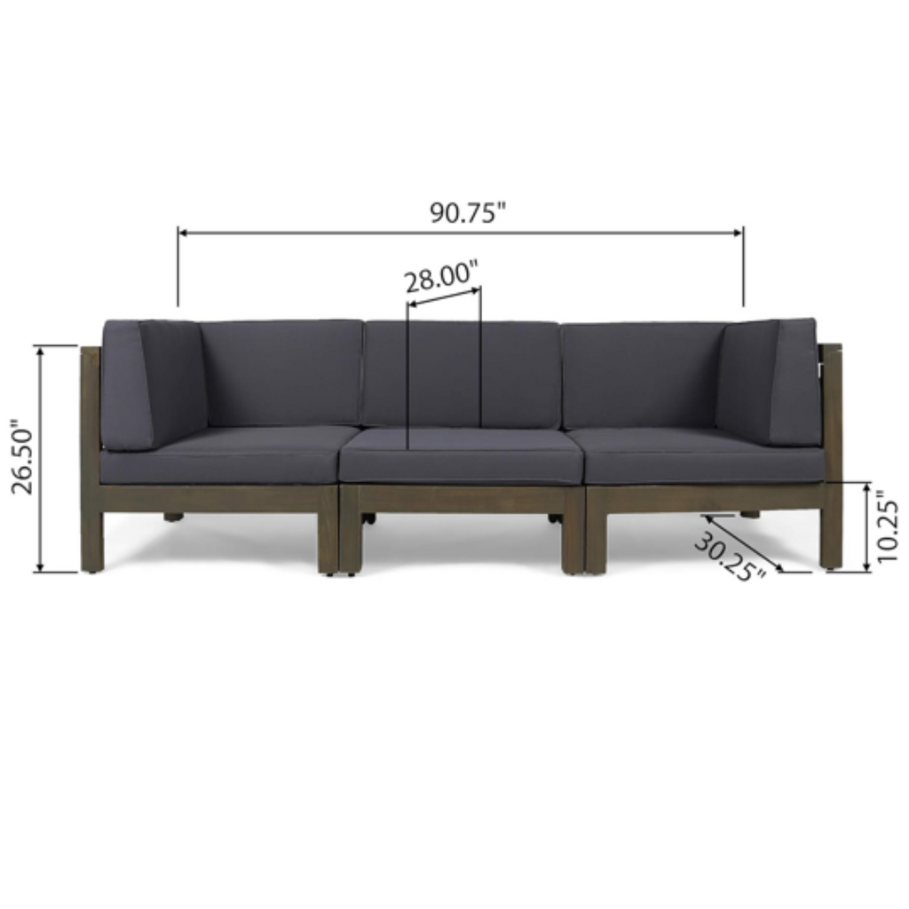 Contemporary 3-Piece Sofa Set with Water Resistant Cushions, Dark Grey, Acacia Wood Frame