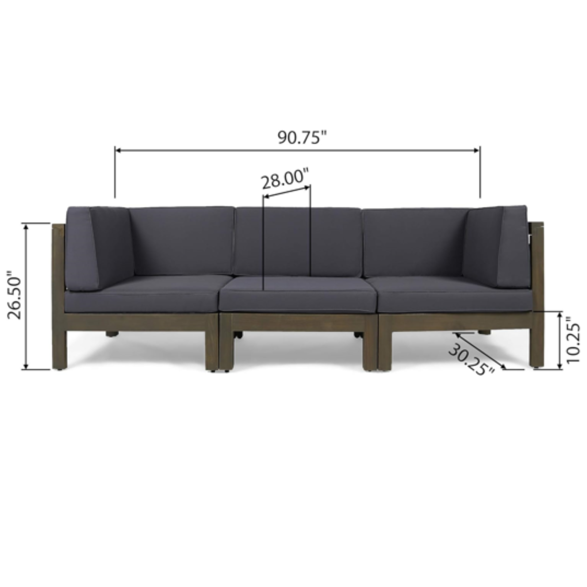 Contemporary 3-Piece Sofa Set with Water Resistant Cushions, Dark Grey, Acacia Wood Frame