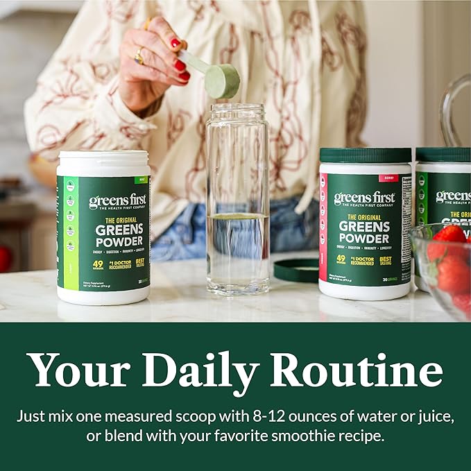 Greens First Original Greens Powder - 49 Superfoods - Organic Fruits & Veggies - Prebiotics, Probiotics & Digestive Enzymes - Antioxidant Smoothie - Dairy Free, Vegan & Non-GMO (Mint, 60 Servings)