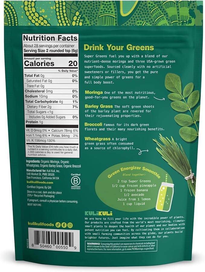 Kuli Kuli Green Power [6 oz] - Super Greens Powder - Nutrient Dense Moringa, Wheatgrass, Broccoli & Barley Grass Blend - 100% Plant Based Organic Superfood Posder Sourced from Remote Farms