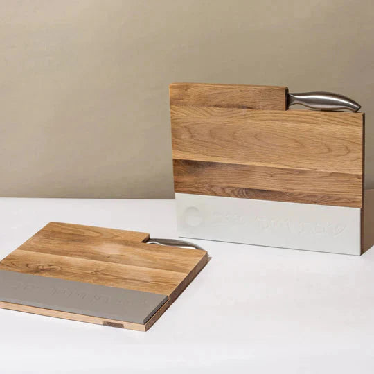Shabbat challah tray made of high-quality wood with concrete base and knife – Board & Blade series
