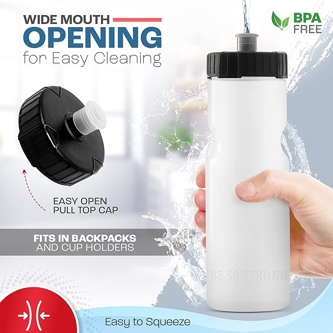 Bike Water Bottle Holder & Bottle Combo – 2-Pack 22 oz Sports Squeeze Bottles with Pull Top Cap & Easy-Install Bike Cage – Made in USA – 50 Strong Brand