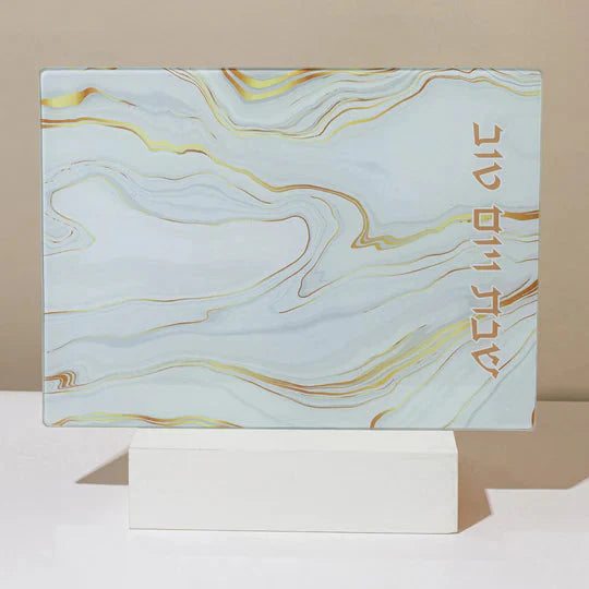 Unbreakable glass Shabbat challah tray in a golden marble design - Marble Gold Series