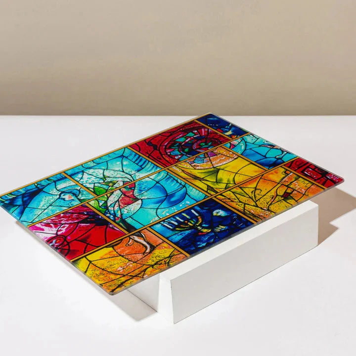 Decorative Glass Challah Tray with Jewish Art - Chagall Yellow Series