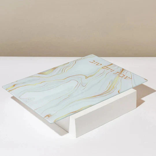 Unbreakable glass Shabbat challah tray in a golden marble design - Marble Gold Series
