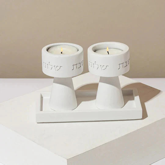 Traditional Shabbat Candle Holders with Contemporary Concrete Tray - Timeless Glow Series