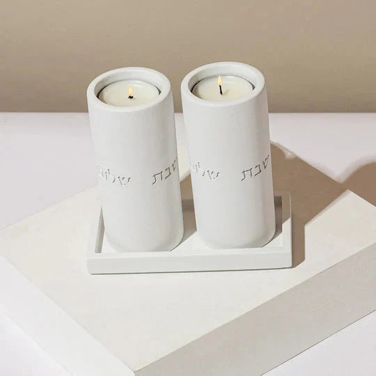 Set of Terrazzo Candle Holders for Shabbat with matching tray - Stone Glow Series