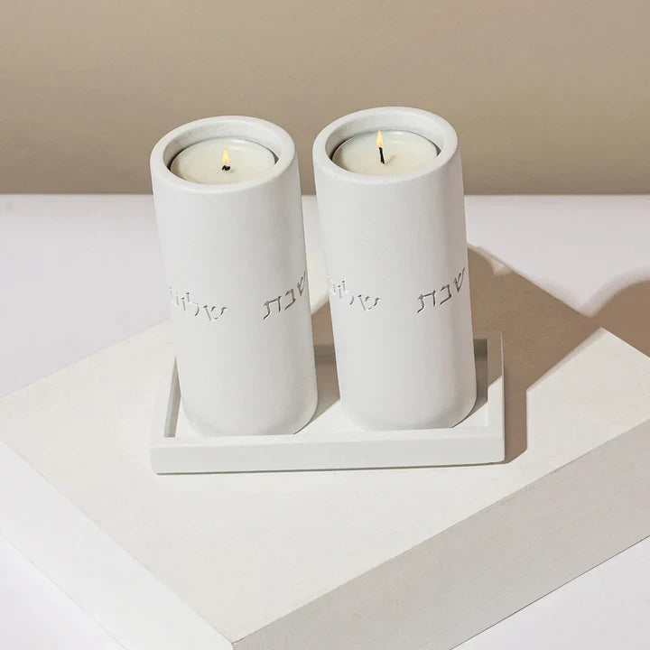 Set of terrazzo candleholder for Shabbat with matching tray - Stone Glow Series