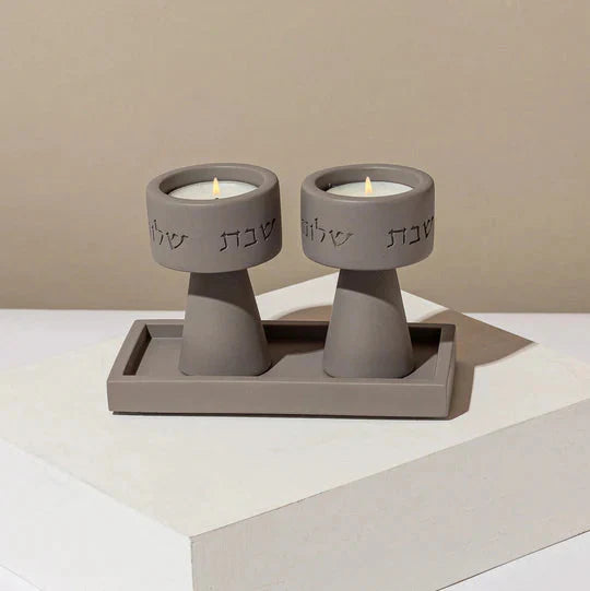 Traditional Shabbat Candle Holders with Contemporary Concrete Tray - Timeless Glow Series
