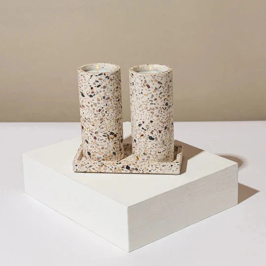Set of Shabbat Candle Holders with a Designed Concrete Tray - Stone Glow Series