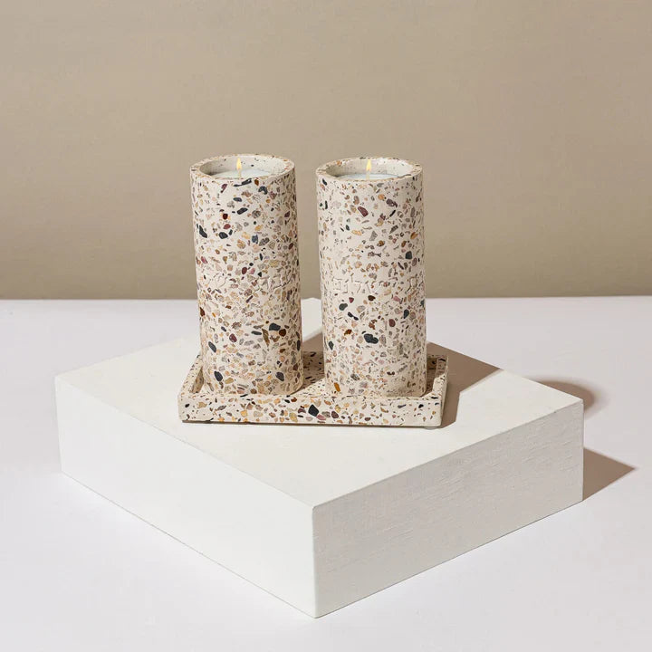 Set of terrazzo candleholder for Shabbat with matching tray - Stone Glow Series