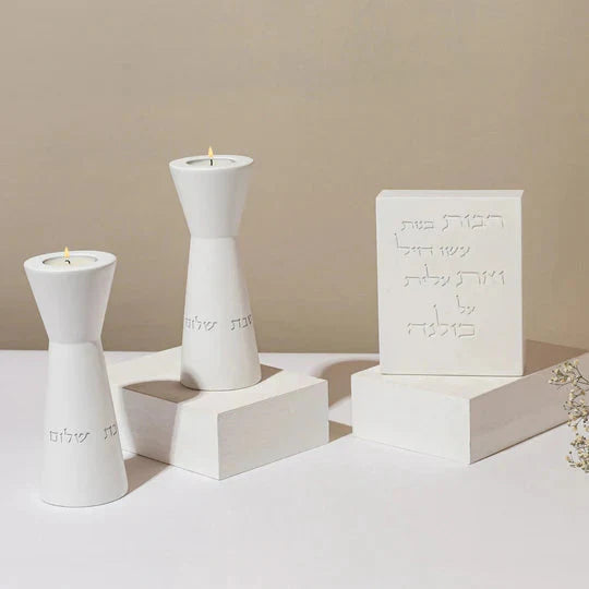 Set of tall natural concrete candle holders with a blessing for women of valor - Lady of Spirit Series