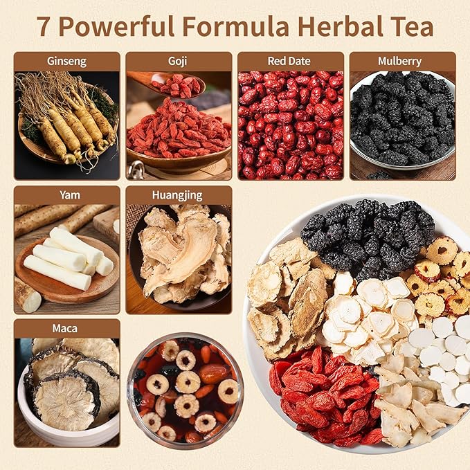 Kidney Tea Formula Ginseng Six Treasure Tea - Natural Chinese Traditional Herbal Ginseng Five Treasures Kidney Detox Cleanse Teabag For Men Women (30 Bags/1 Pack)