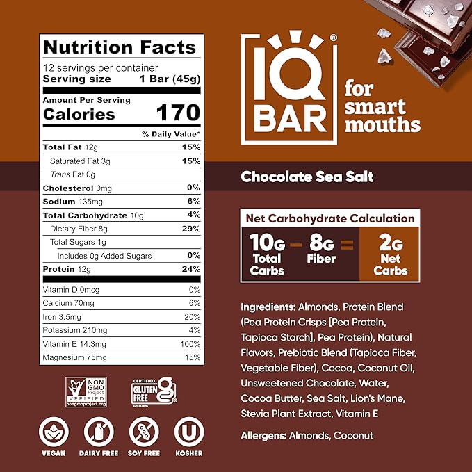 IQBAR Brain and Body Plant Protein Bars - Chocolate Sea Salt - 12-Count Low Carb - Gluten Free, High Fiber, Vegan Snacks - Low Sugar Meal Replacement