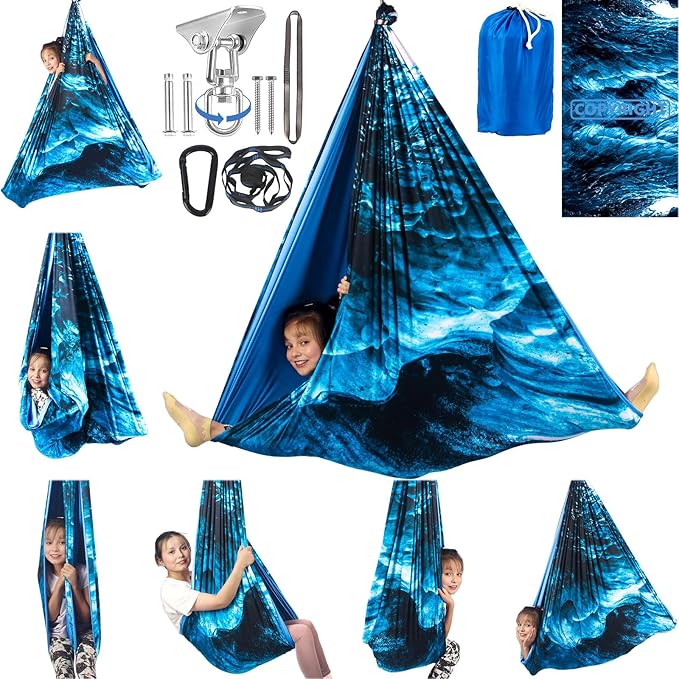 Double Layer Sensory Swing for Kids & Adults Holds up to 300lbs Indoor and Outdoor Therapy Cuddle Swing with 360° Swivel Hanger Kit Adjustable with Aspergers Autism ADHD (Ice Teal)