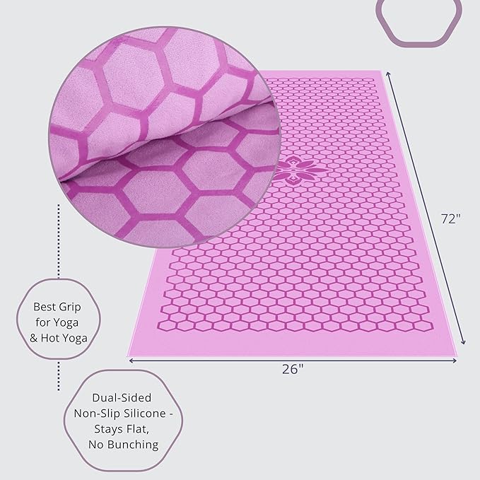 Clever Yoga Non-Slip Hot Yoga Towel – Non-Slip Grip for Hot Yoga, Sweat Absorbent, Honeycomb Silicone Grip, Stays Flat – Ideal for Pilates, Travel, Washable & Lightweight - Lilac