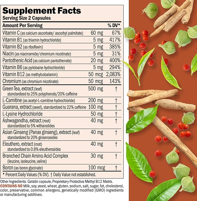 ANDREW LESSMAN Energy and Fat Metabolism Factors - 30 Capsules - Promotes Optimum Fat and Energy Metabolism, with Carnitine, Green Tea, Guarana, Ginseng, B-Complex. Easy to Swallow Capsules