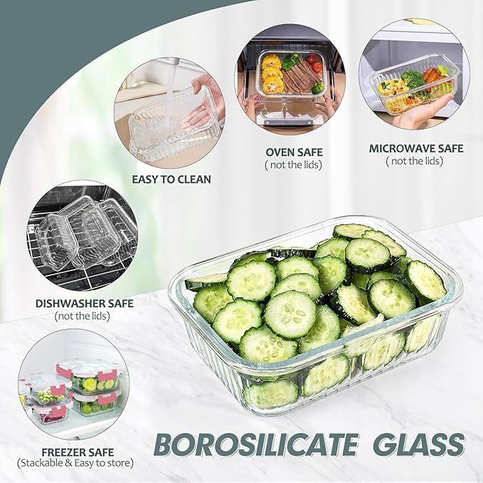10 Packs Glass Meal Prep Containers with Lids, Glass Food Storage Containers Set, Airtight Lunch Containers, Microwave, Oven, Freezer and Dishwasher Safe, Pink