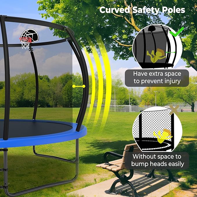 10 12 14 15 16FT Outdoor Trampolines for Kids and Adults, Pumpkin Trampoline with Curved Poles, Recreational Trampoline with Basketball Hoop and Safety Enclosure Net for Kids and Adults