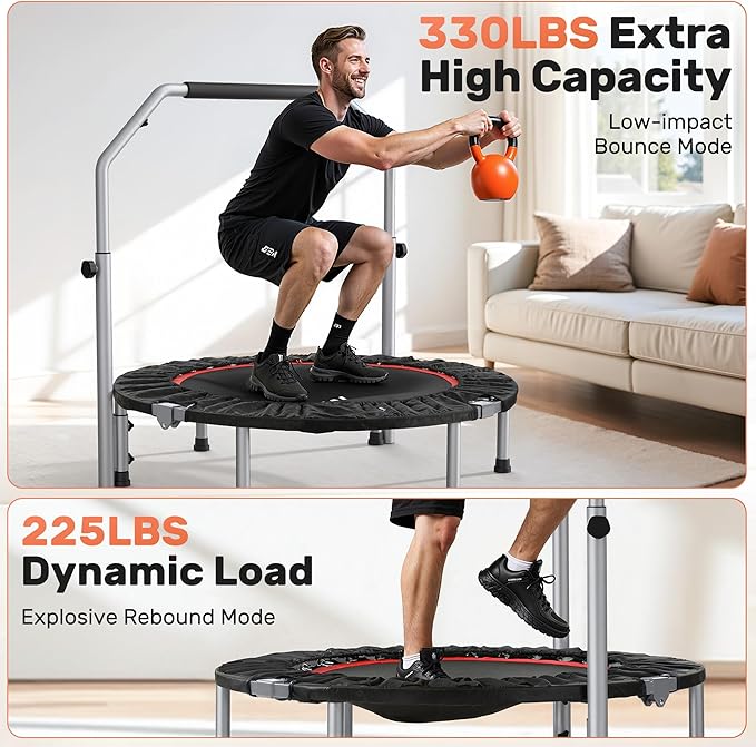 BCAN 40/48" Foldable Mini Trampoline Max Load 330lbs/440lbs, Fitness Rebounder with Adjustable Foam Handle, Exercise Trampoline for Adults Indoor/Garden Workout