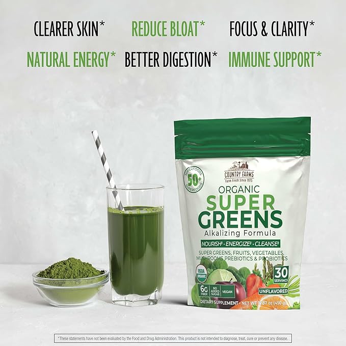 Country Farms Super Greens Natural Flavor, 50 Organic Super Foods, USDA Organic Drink Mix (Wheat Grass, Spirulina, Chlorella) Mushrooms & Probiotics, Fiber, Gut Health, Natural Energy, 30 Servings
