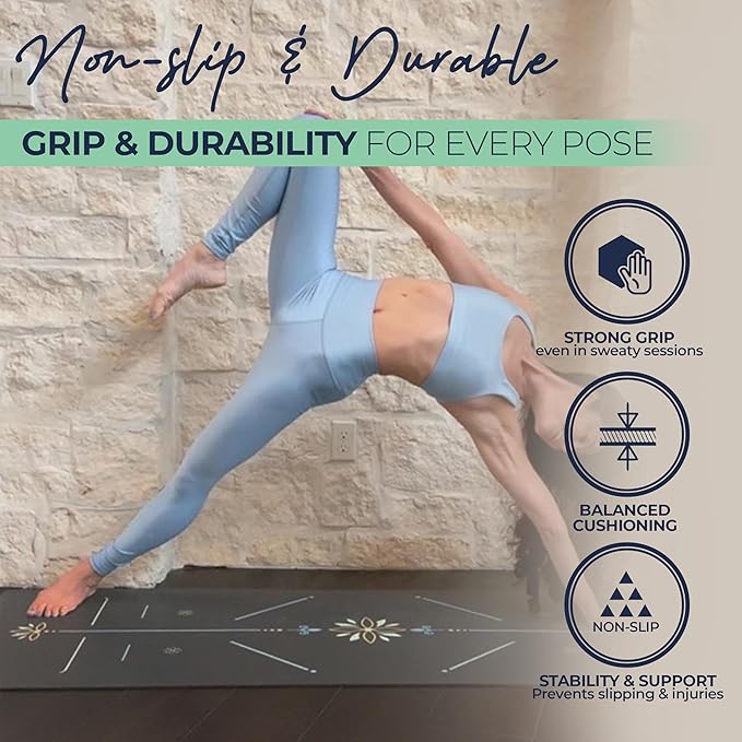 Eco Balance Yoga Mat with Carry Strap – Superior Grip, Non-Slip, Durable & Lightweight, Eco-friendly Natural Rubber Mat with Alignment Lines, 4mm Thick mat for Ultimate Comfort