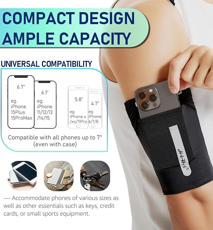 HiRui Running Armband Sleeve Universal Sports Armband Cell Phone Holder Armband for Exercise Workout, Compatible with iPhone 16/15/14/13/Plus/Pro Samsung Galaxy All Phones (S, Black)