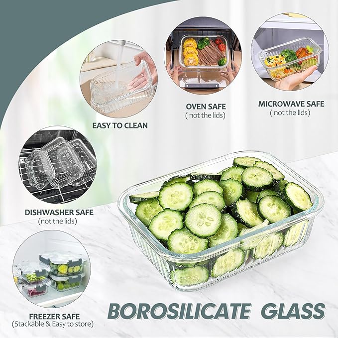 10 Packs Glass Meal Prep Containers with Lids, Glass Food Storage Containers Set, Airtight Lunch Containers, Microwave, Oven, Freezer and Dishwasher Safe, Gray